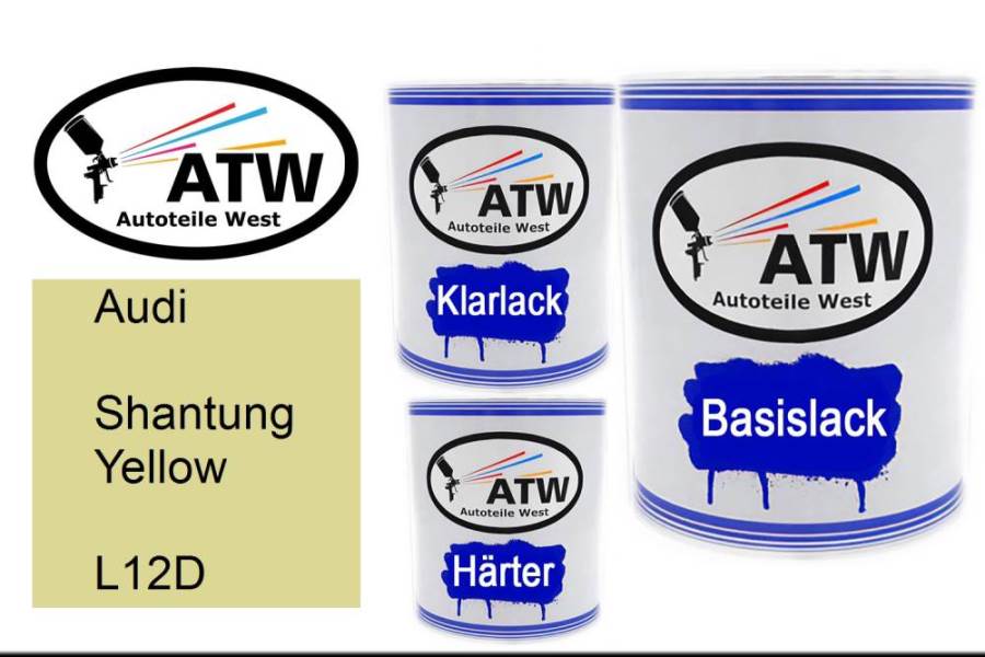 Audi, Shantung Yellow, L12D: 1L Lackdose + 1L Klarlack + 500ml Härter - Set, von ATW Autoteile West.